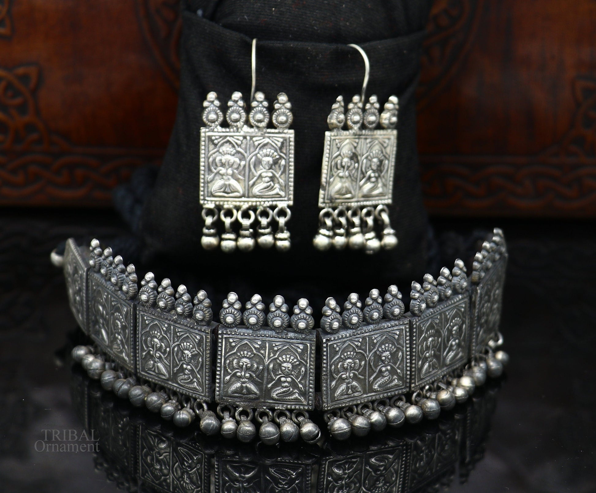 Sterling silver handmade vintage deity design necklace set by TRIBAL ORNAMENTS, featuring a luxurious customized bridal belly dance Guttapusalu style.