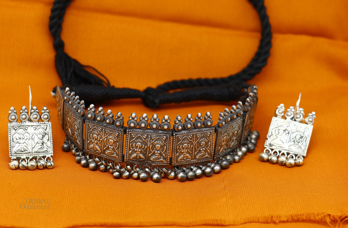 Sterling silver handmade vintage deity design necklace set by TRIBAL ORNAMENTS, featuring intricate craftsmanship for brides and belly dance.