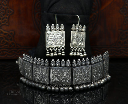 Sterling silver vintage deity design necklace by TRIBAL ORNAMENTS, with intricate craftsmanship, perfect for brides and belly dance costumes.