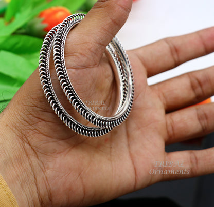 Sterling silver handmade vintage tribal bangle bracelet with ethnic design, perfect for brides and belly dance jewelry.