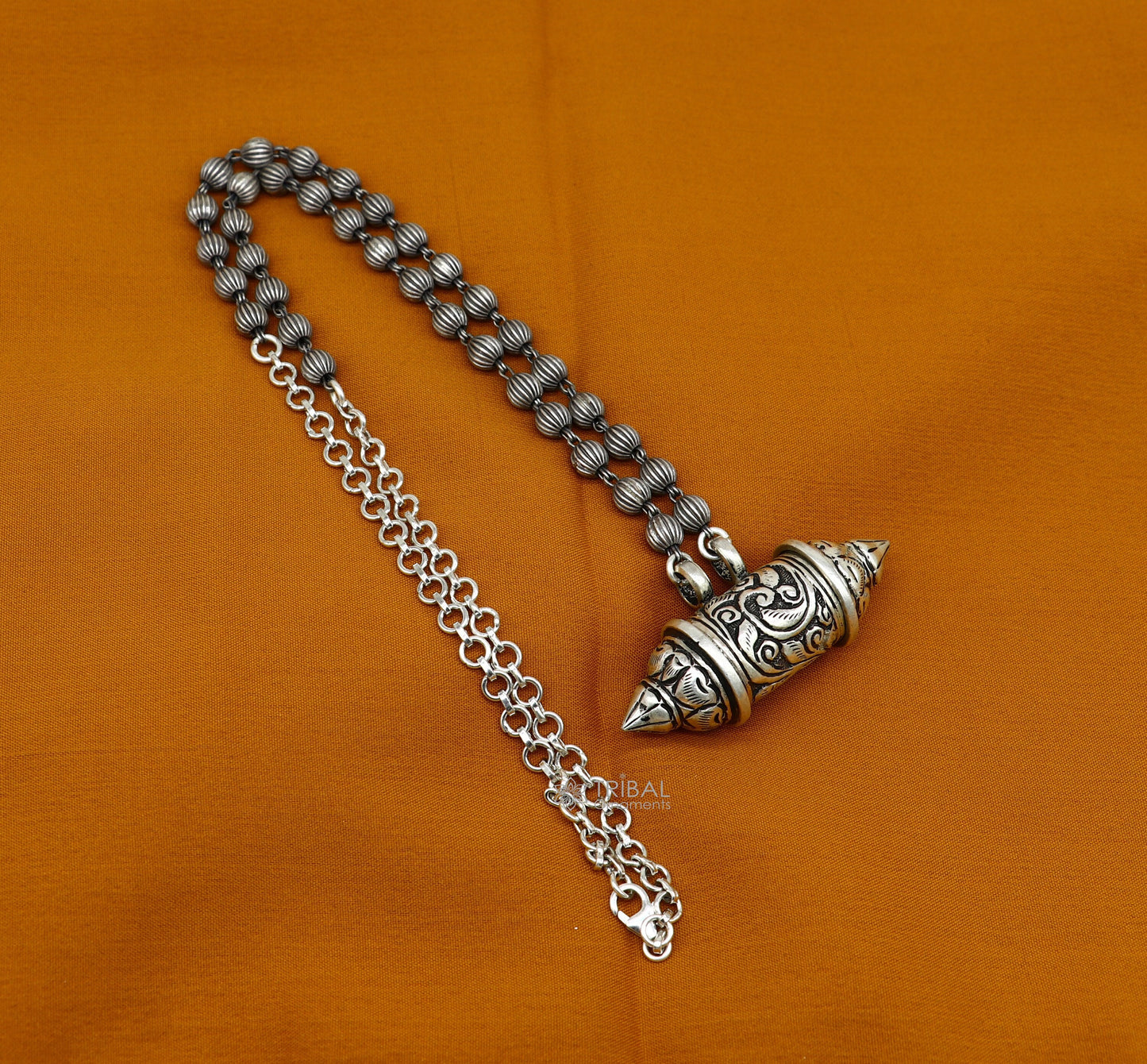 Sterling silver vintage tribal amulet box pendant necklace with intricate ethnic design, part of a jewelry set by TRIBAL ORNAMENTS.