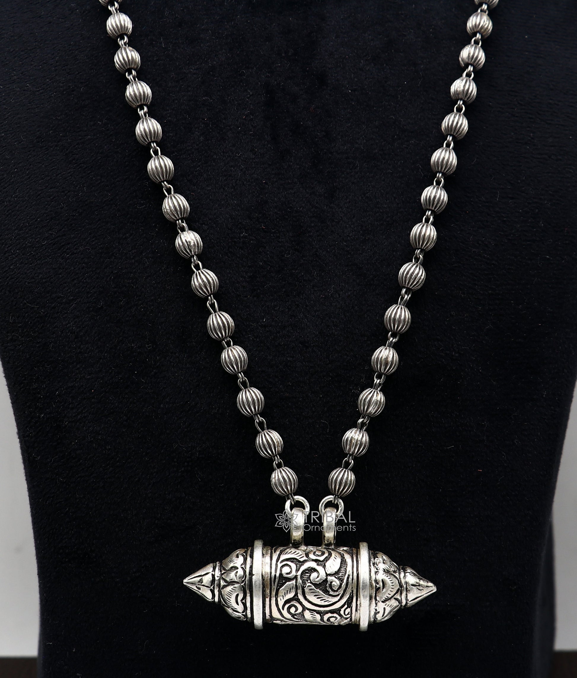 Sterling silver vintage tribal amulet box pendant necklace with ethnic mantra design, handmade jewelry from TRIBAL ORNAMENTS.