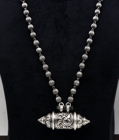 Sterling silver vintage tribal amulet box pendant necklace with ethnic mantra design, handmade jewelry from TRIBAL ORNAMENTS.