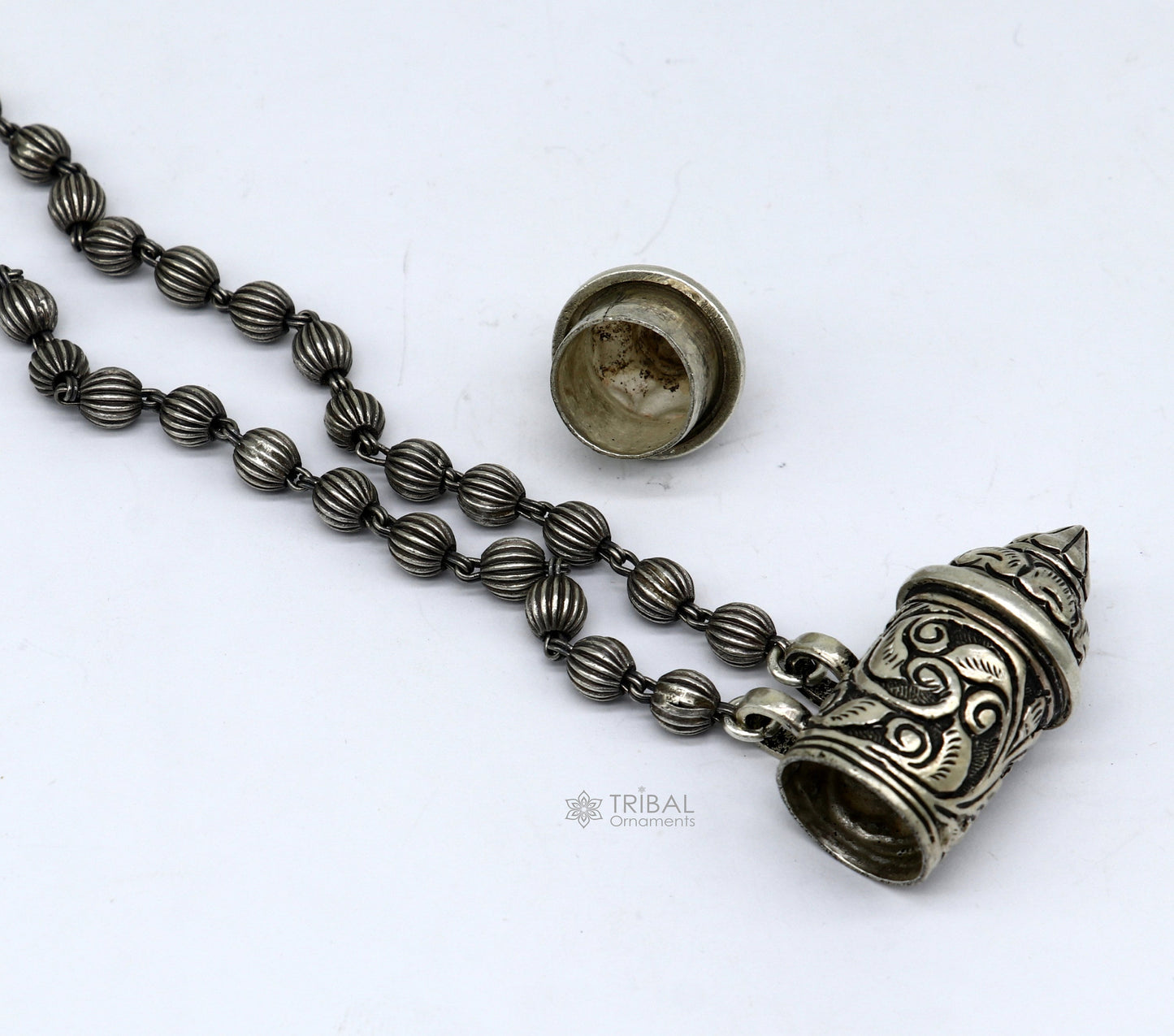 925 Sterling silver vintage tribal amulet box pendant necklace with ethnic design, part of TRIBAL ORNAMENTS jewelry set.