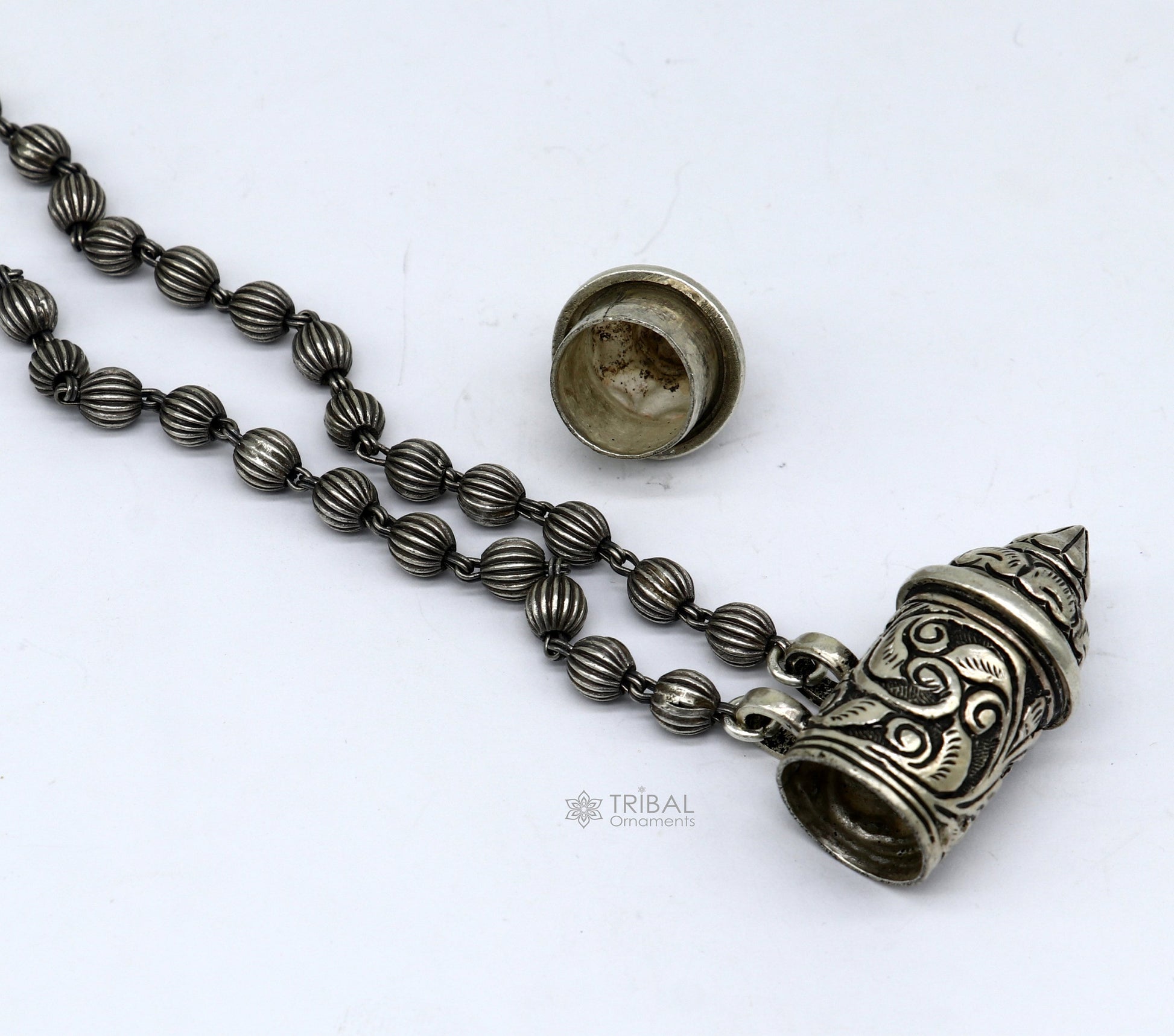 925 Sterling silver vintage tribal amulet box pendant necklace with ethnic design, part of TRIBAL ORNAMENTS jewelry set.