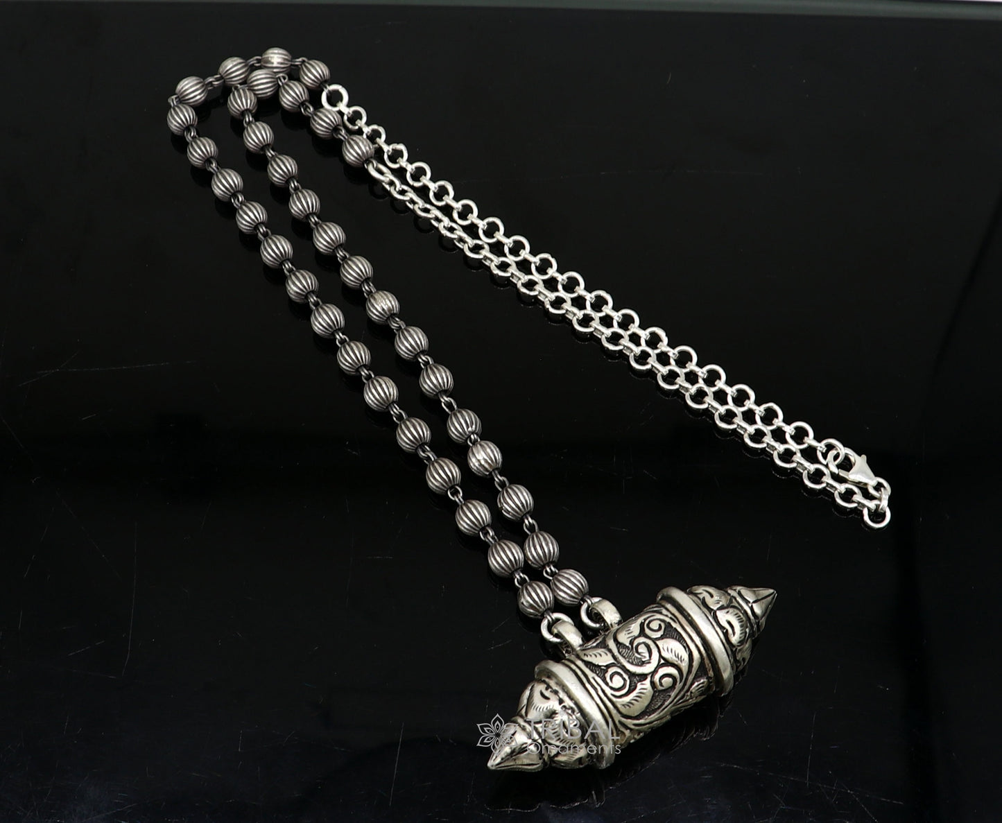 925 Sterling silver vintage tribal amulet box pendant necklace with intricate ethnic design, part of Tribal Ornaments jewelry set.