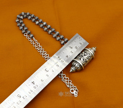 925 Sterling silver vintage tribal amulet box pendant necklace with ethnic mantra design, part of TRIBAL ORNAMENTS jewelry set.