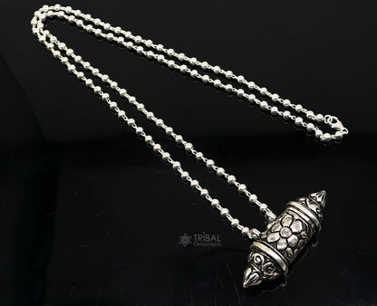 Sterling silver vintage tribal amulet box pendant with beaded necklace, ethnic mantra design, handmade jewelry set by Tribal Ornaments.