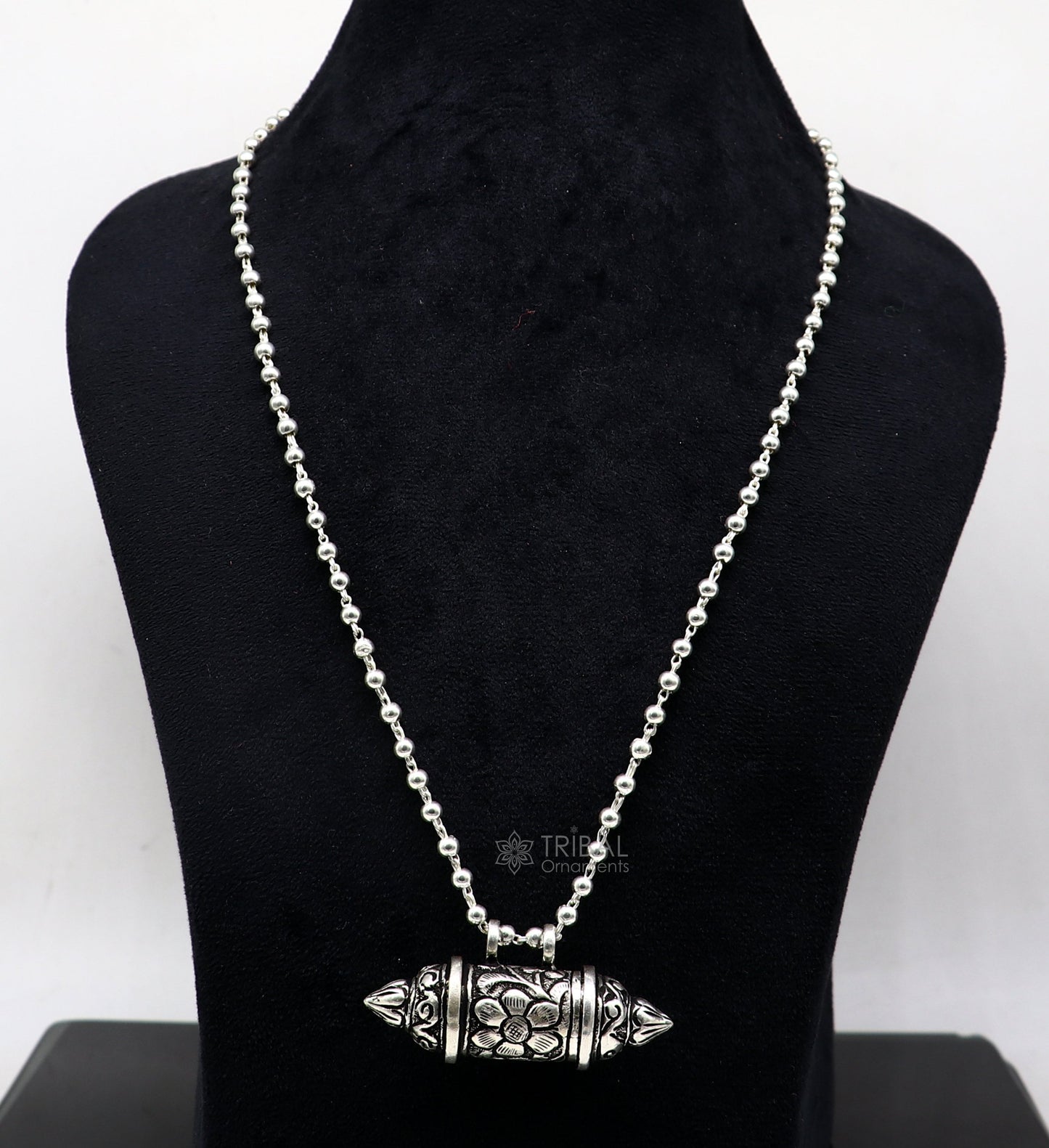 925 Sterling silver handmade vintage design amulet box pendant single line beaded necklace tribal ethnic mantra box pendant jewelry set629 - TRIBAL ORNAMENTS