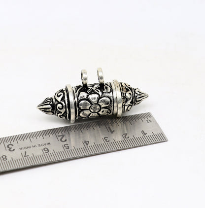 Sterling silver vintage tribal amulet box pendant with beaded necklace, ethnic mantra jewelry set by TRIBAL ORNAMENTS.