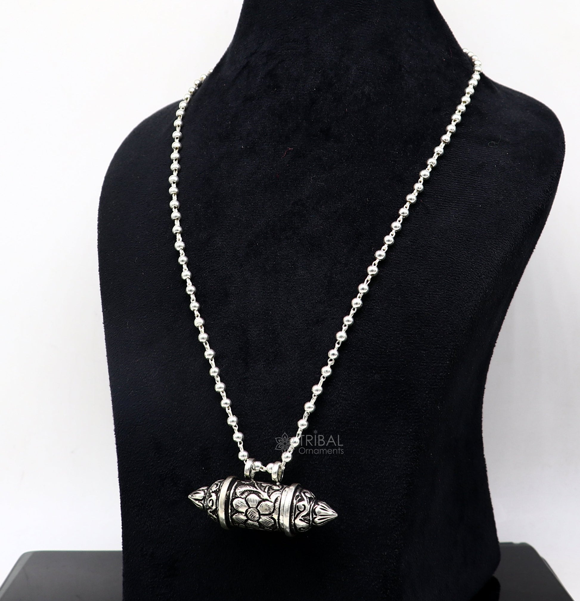 925 Sterling silver handmade vintage design amulet box pendant single line beaded necklace tribal ethnic mantra box pendant jewelry set629 - TRIBAL ORNAMENTS