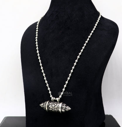 Sterling silver vintage tribal amulet box pendant on beaded necklace, part of Tribal Ornaments' ethnic jewelry set.