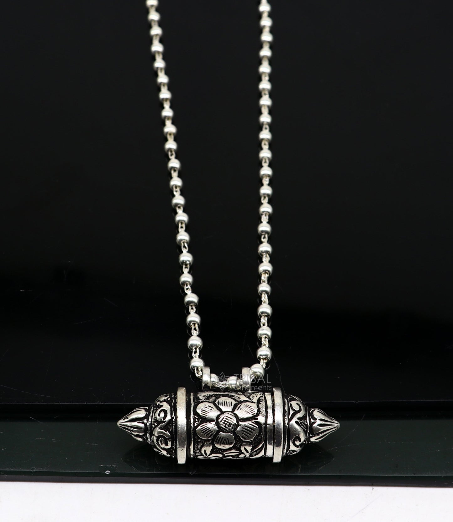 925 Sterling silver handmade vintage design amulet box pendant single line beaded necklace tribal ethnic mantra box pendant jewelry set629 - TRIBAL ORNAMENTS