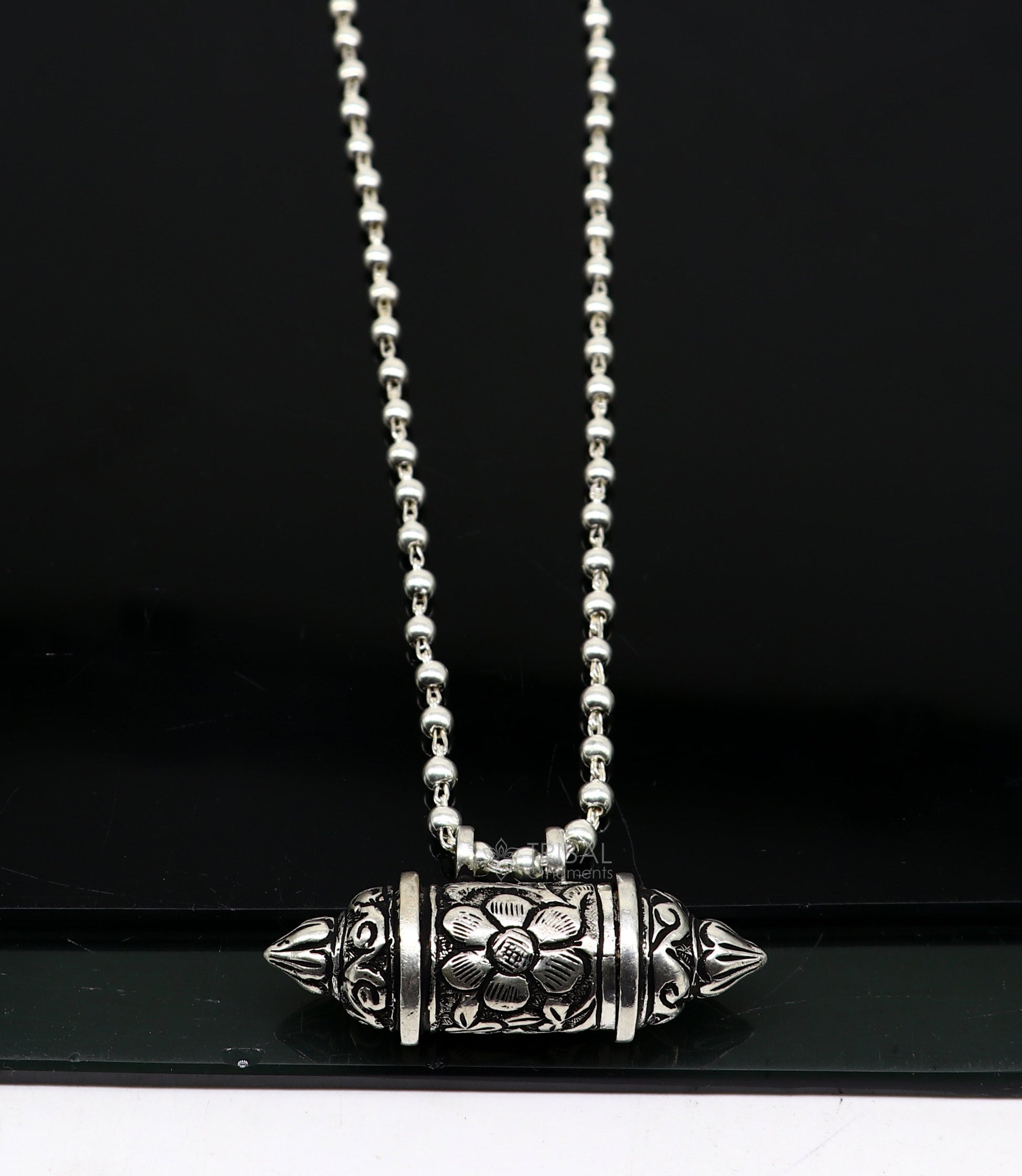 925 Sterling silver handmade vintage design amulet box pendant single line beaded necklace tribal ethnic mantra box pendant jewelry set629 - TRIBAL ORNAMENTS