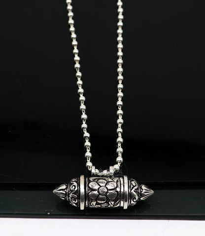 925 Sterling silver vintage amulet box pendant with beaded tribal necklace, featuring ethnic mantra design from TRIBAL ORNAMENTS.