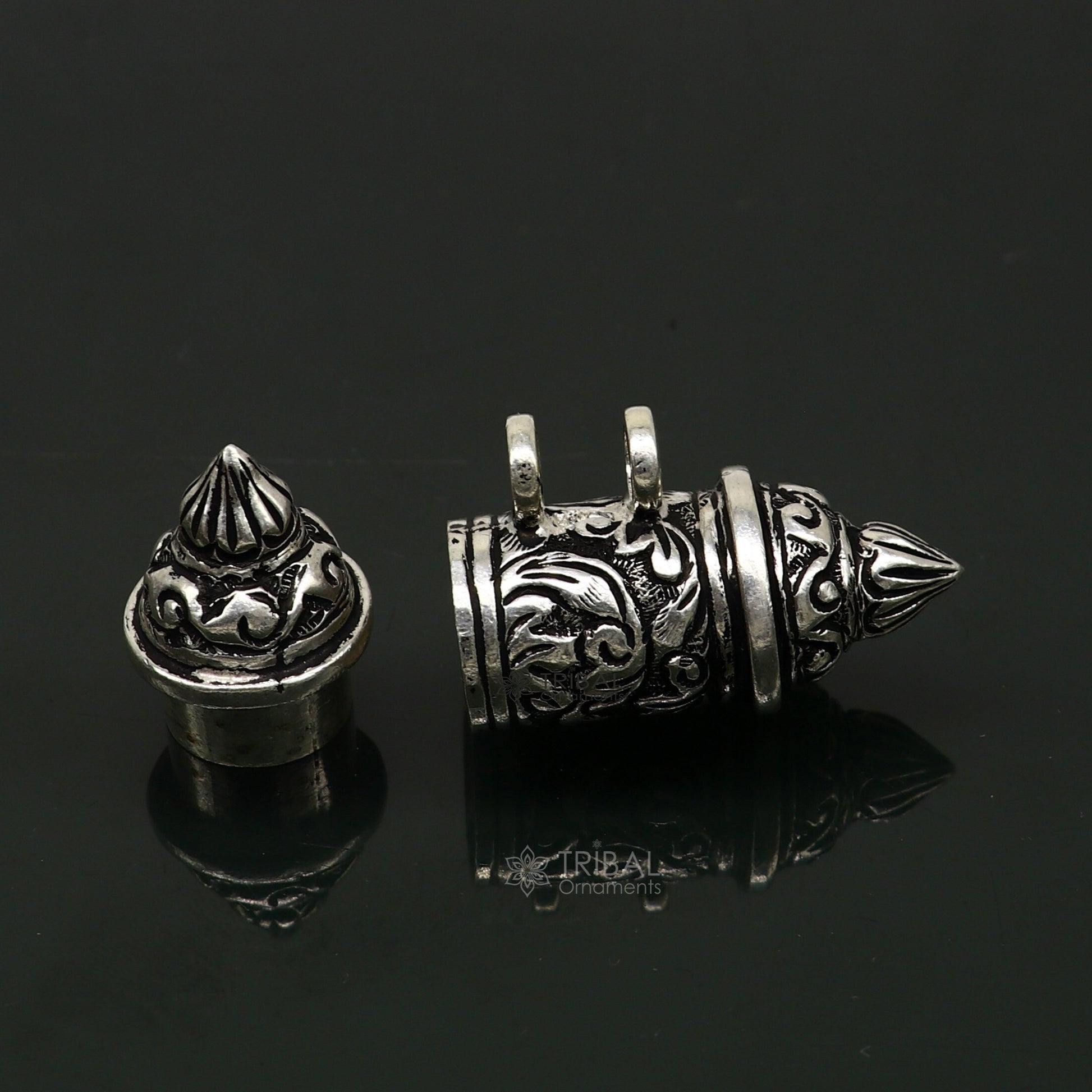 925 Sterling silver vintage tribal amulet box pendant with beaded necklace, featuring ethnic design and mantra motif jewelry set.