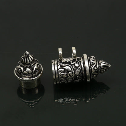 925 Sterling silver vintage tribal amulet box pendant with beaded necklace, featuring ethnic design and mantra motif jewelry set.