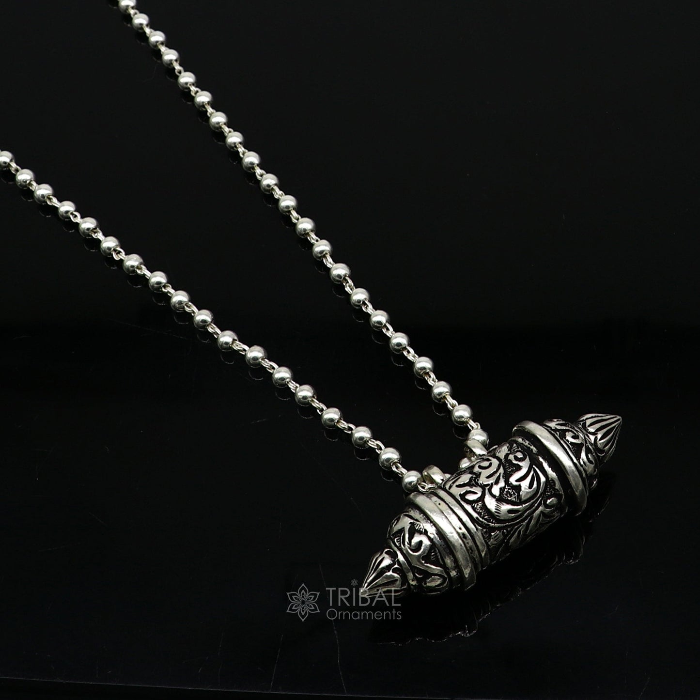 925 Sterling silver vintage tribal amulet box pendant with beaded necklace, featuring ethnic mantra design from Tribal Ornaments jewelry set.
