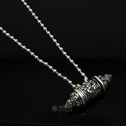 925 Sterling silver vintage tribal amulet box pendant with beaded necklace, featuring ethnic mantra design from Tribal Ornaments jewelry set.