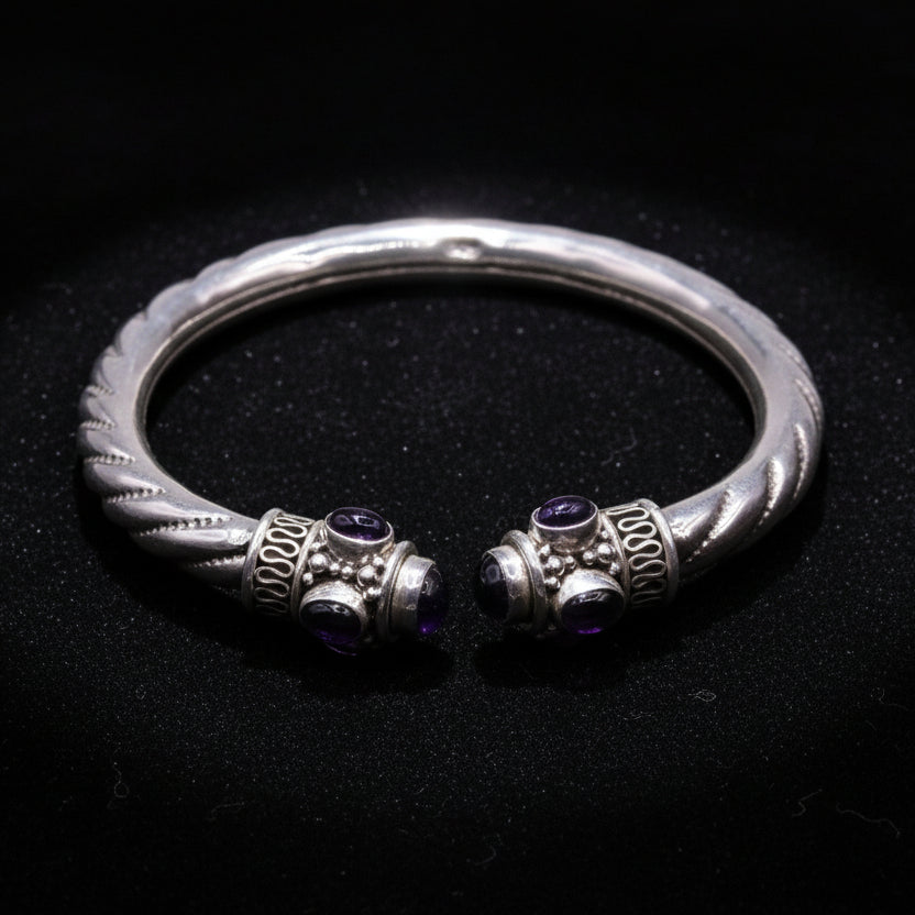 Sterling silver vintage bangle with purple amethyst gemstone, tribal unisex jewelry, handmade design by TRIBAL ORNAMENTS.