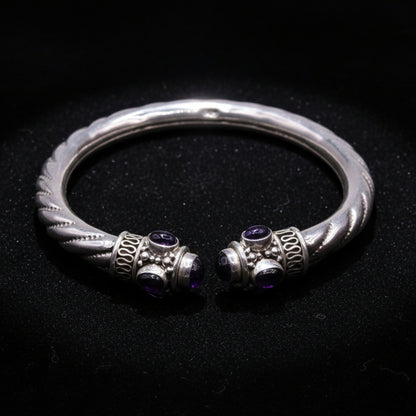 Sterling silver vintage bangle with purple amethyst gemstone, tribal unisex jewelry, handmade design by TRIBAL ORNAMENTS.
