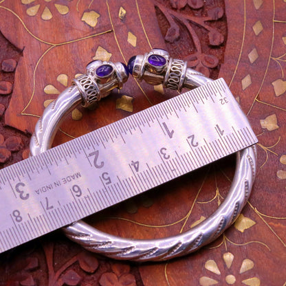 Sterling silver vintage bangle with purple amethyst gemstone, tribal unisex jewelry bracelet, handcrafted by Tribal Ornaments.