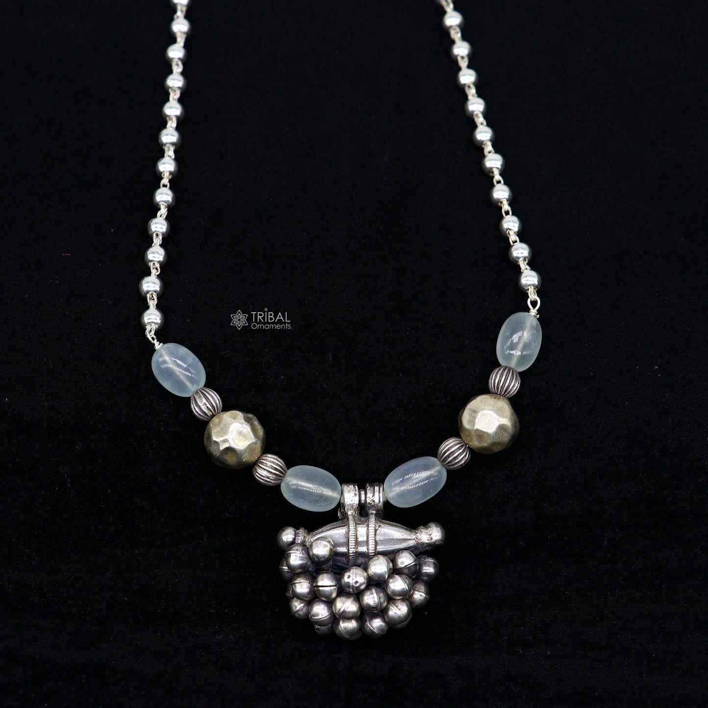Sterling silver vintage tribal pendant with beaded 24-inch necklace, part of ethnic jewelry set by TRIBAL ORNAMENTS.