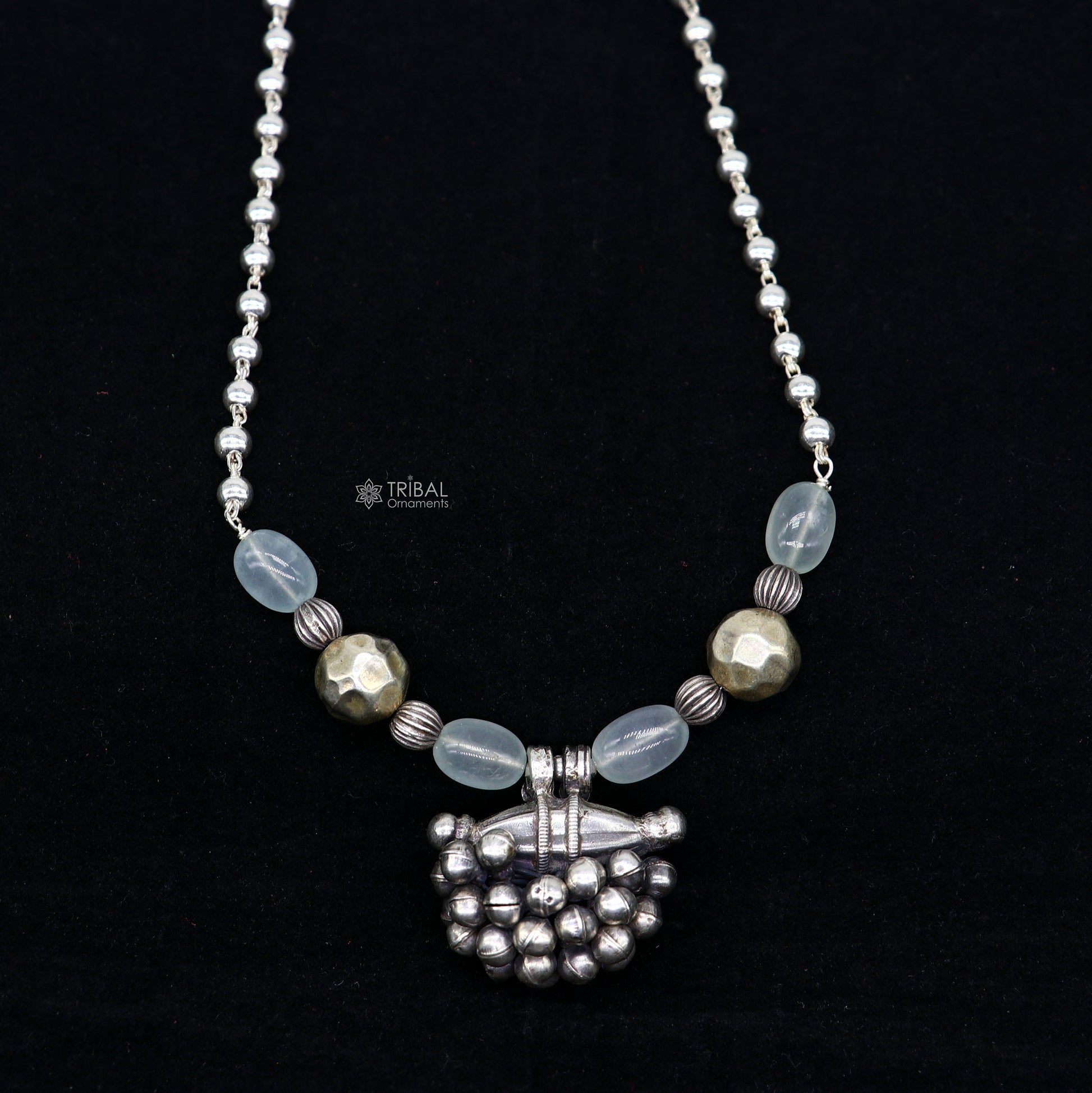 Sterling silver vintage tribal pendant with beaded 24-inch necklace, part of ethnic jewelry set by TRIBAL ORNAMENTS.