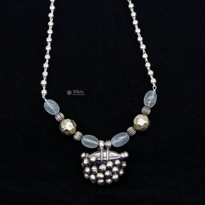 Sterling silver vintage tribal pendant with beaded 24-inch necklace, part of ethnic jewelry set by TRIBAL ORNAMENTS.
