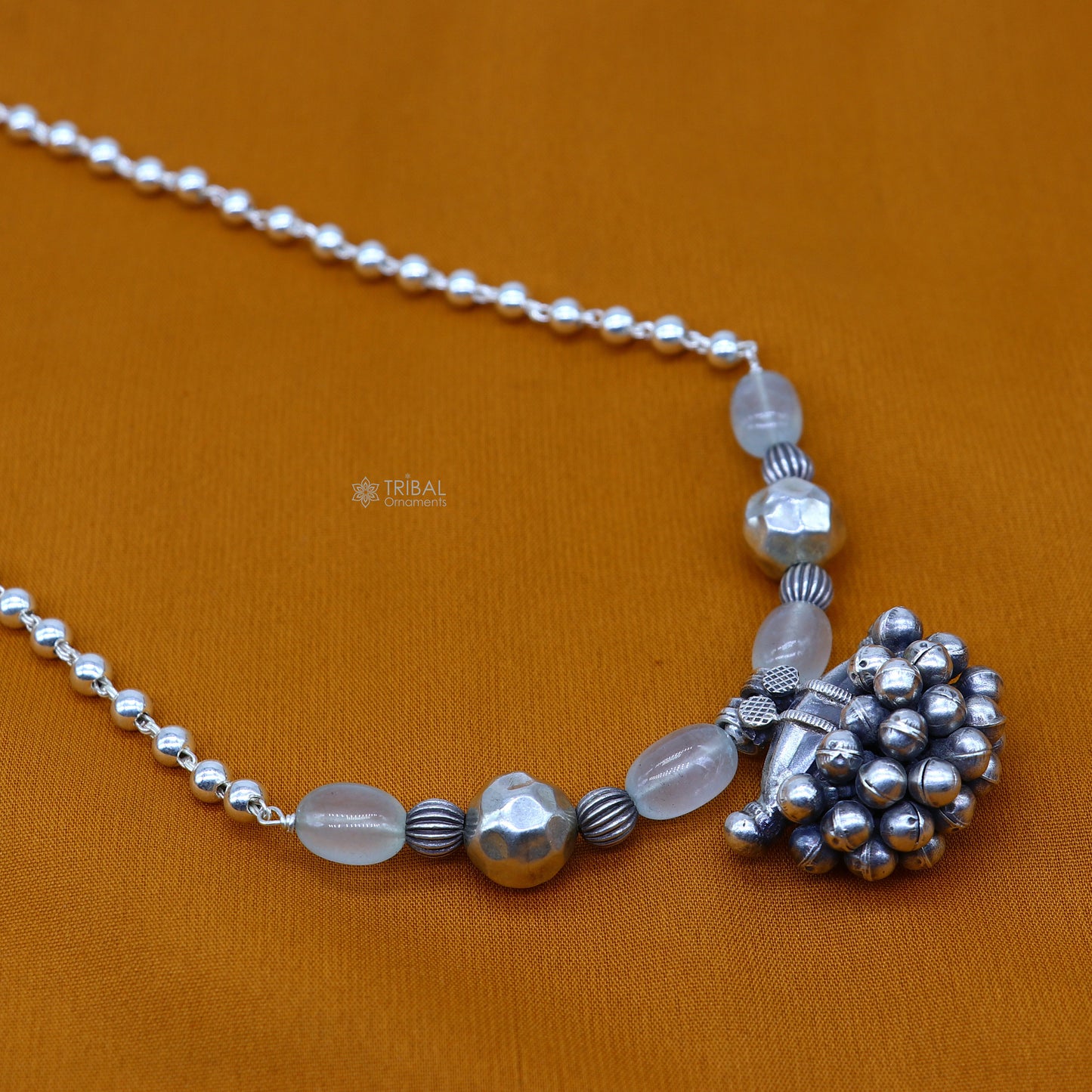 Sterling silver vintage tribal pendant with beaded 24-inch necklace, ethnic jewelry set featuring handcrafted tribal design.