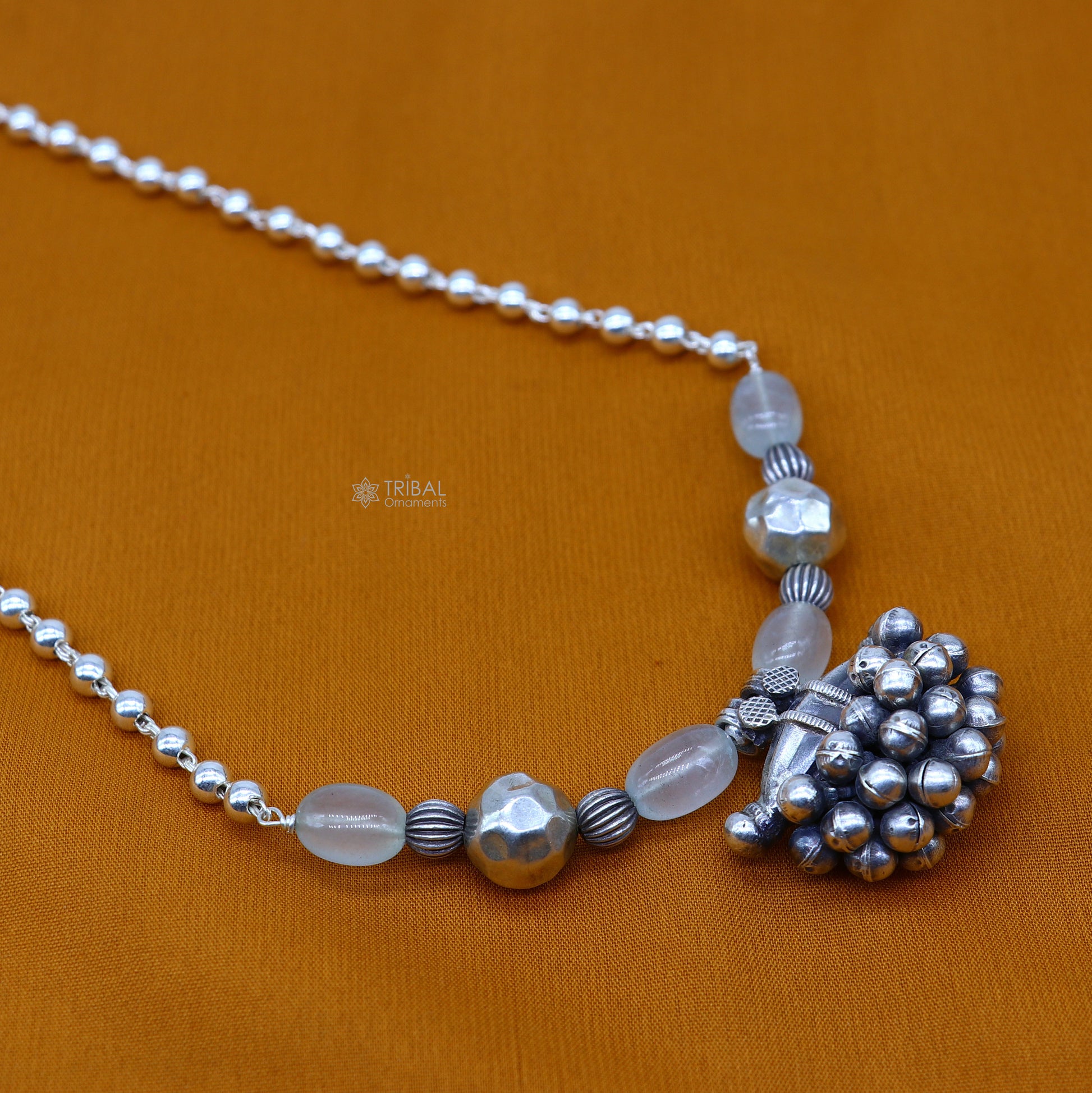 Sterling silver vintage tribal pendant with beaded 24-inch necklace, ethnic jewelry set featuring handcrafted tribal design.