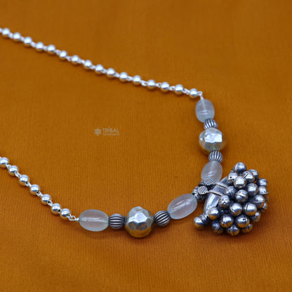 Sterling silver vintage tribal pendant with beaded 24-inch necklace, ethnic jewelry set featuring handcrafted tribal design.