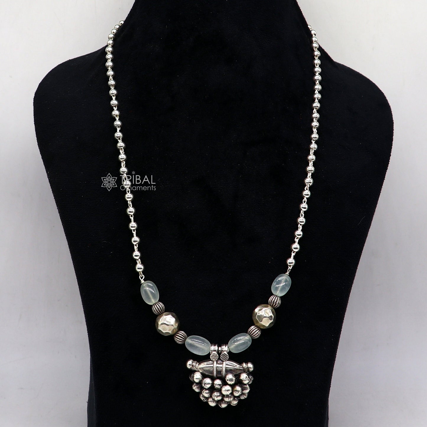 Sterling silver vintage pendant with beaded tribal necklace, part of ethnic jewelry set by TRIBAL ORNAMENTS, Rajasthan style.