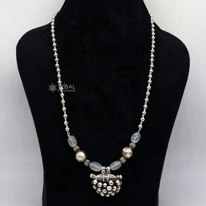 Sterling silver vintage pendant with beaded tribal necklace, part of ethnic jewelry set by TRIBAL ORNAMENTS, Rajasthan style.