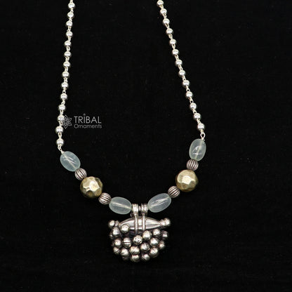 Sterling silver vintage pendant with beaded 24-inch necklace in tribal ethnic jewelry set by TRIBAL ORNAMENTS.