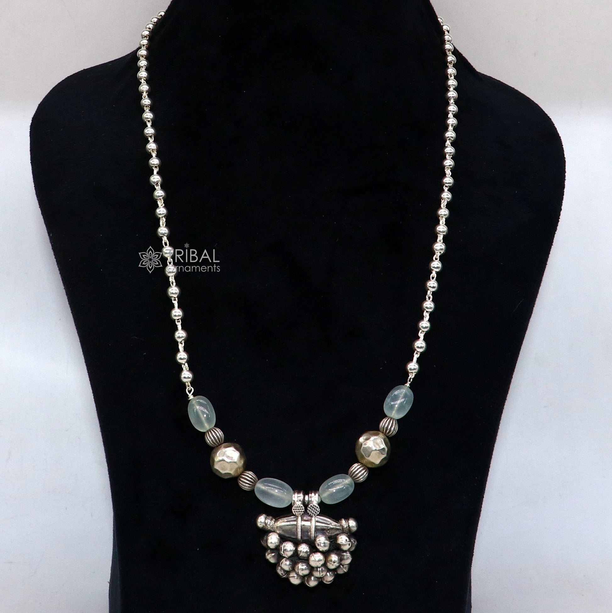 Sterling silver vintage tribal pendant with beaded 24-inch necklace, part of ethnic jewelry set by TRIBAL ORNAMENTS.