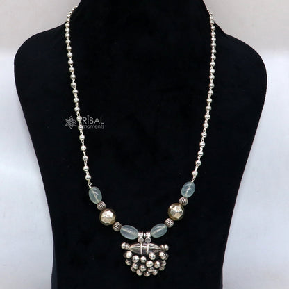 Sterling silver vintage tribal pendant with beaded 24-inch necklace, part of ethnic jewelry set by TRIBAL ORNAMENTS.