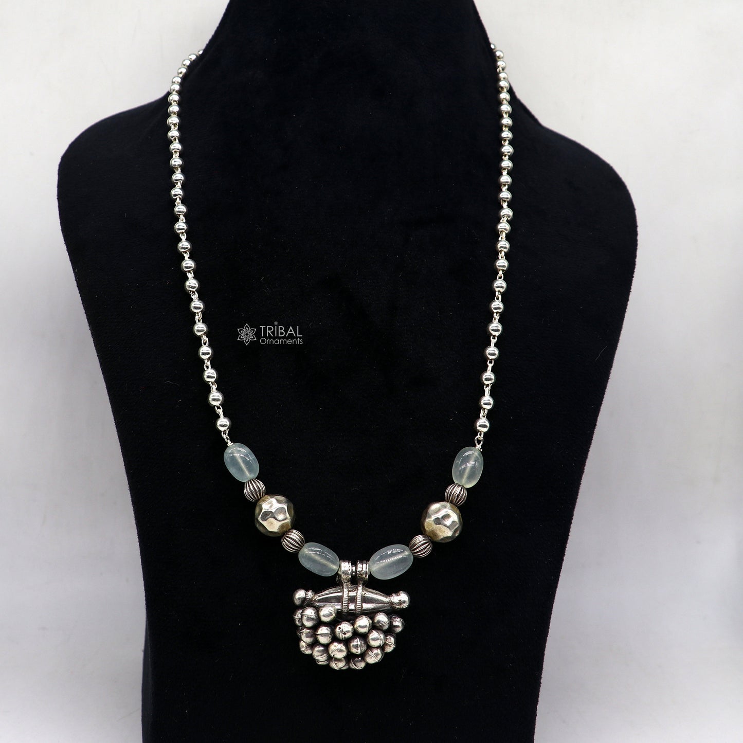 925 Sterling silver vintage pendant with beaded 24-inch necklace, tribal ethnic jewelry set featuring handcrafted tribal ornament design.
