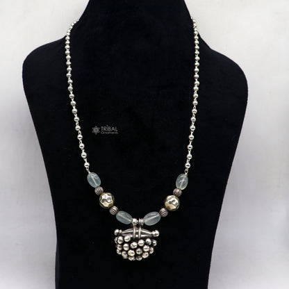 925 Sterling silver vintage pendant with beaded 24-inch necklace, tribal ethnic jewelry set featuring handcrafted tribal ornament design.