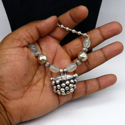 Sterling silver vintage pendant with beaded 24-inch necklace, tribal ethnic jewelry set by TRIBAL ORNAMENTS.