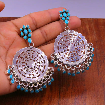 Sterling silver vintage large stud earrings with turquoise hanging drops, tribal jewelry from India, handmade by TRIBAL ORNAMENTS.