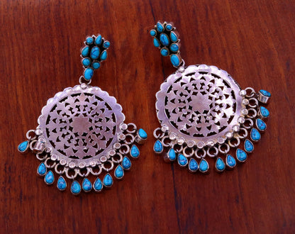 Sterling silver vintage-style large stud earrings with turquoise hanging drops, tribal Indian jewelry by TRIBAL ORNAMENTS.