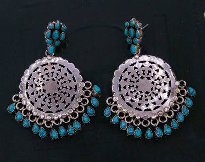 925 sterling silver handmade vintage tribal stud earrings with turquoise stones and hanging drops from India.