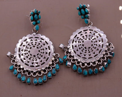 Sterling silver handmade vintage tribal earrings with turquoise stone drops, large stud design from India by TRIBAL ORNAMENTS