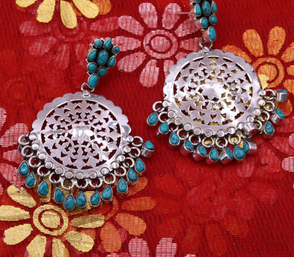 Sterling silver handmade vintage large stud earrings with turquoise hanging drops, tribal jewelry from India.