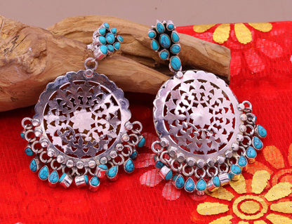 Sterling silver handmade vintage large stud earrings with turquoise stone hanging drops, tribal jewelry from India.
