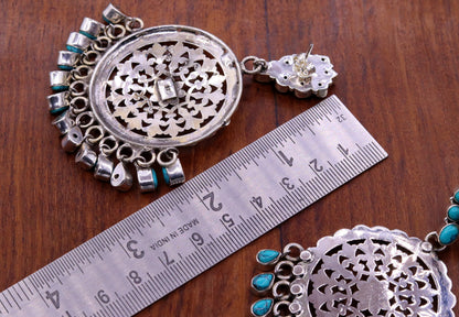 Sterling silver vintage large stud earrings with turquoise stone drops, tribal jewelry design from India, handmade by TRIBAL ORNAMENTS.