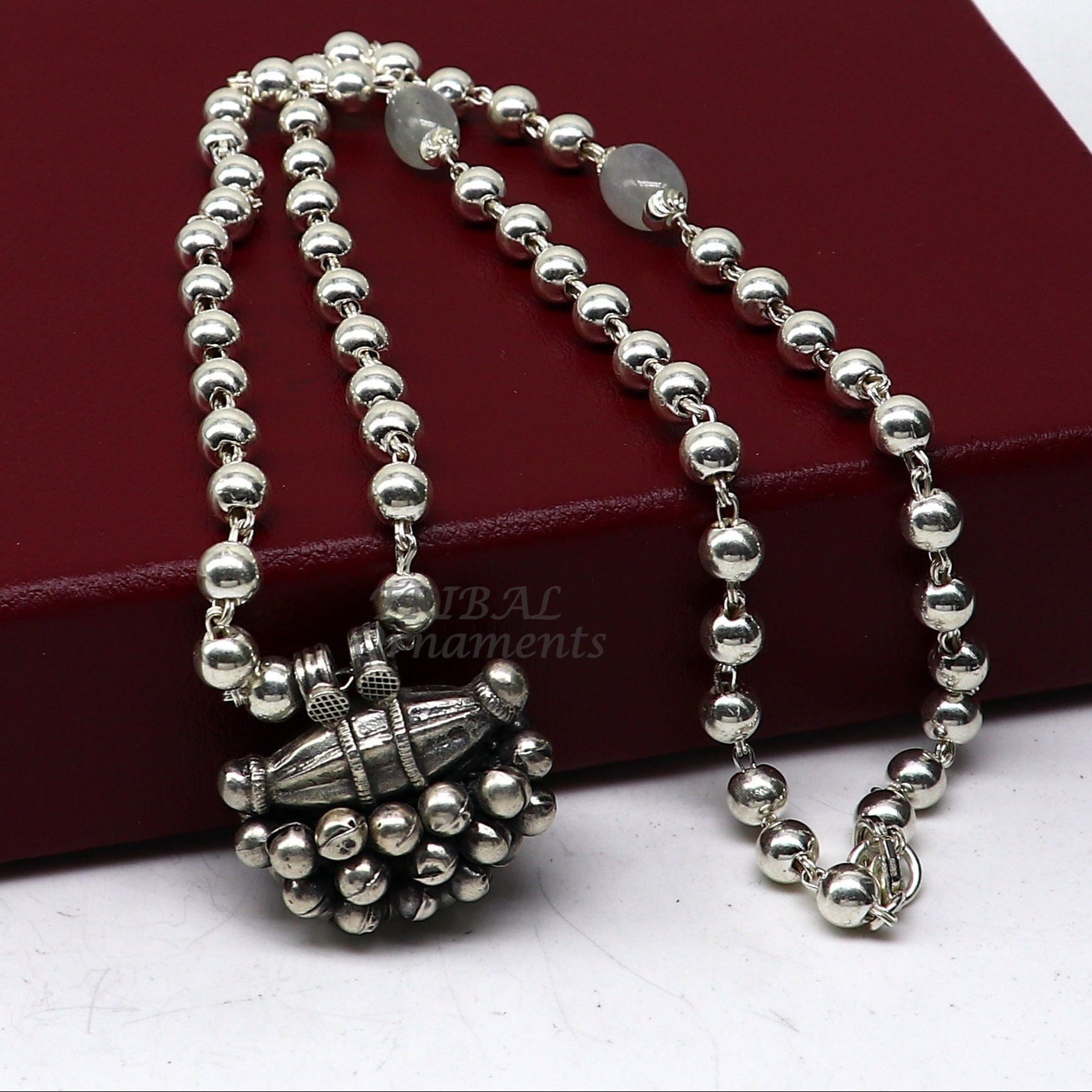 925 Sterling silver handmade vintage tribal beaded necklace with pendant and hanging drops, showcasing ethnic Rajasthan jewelry design.