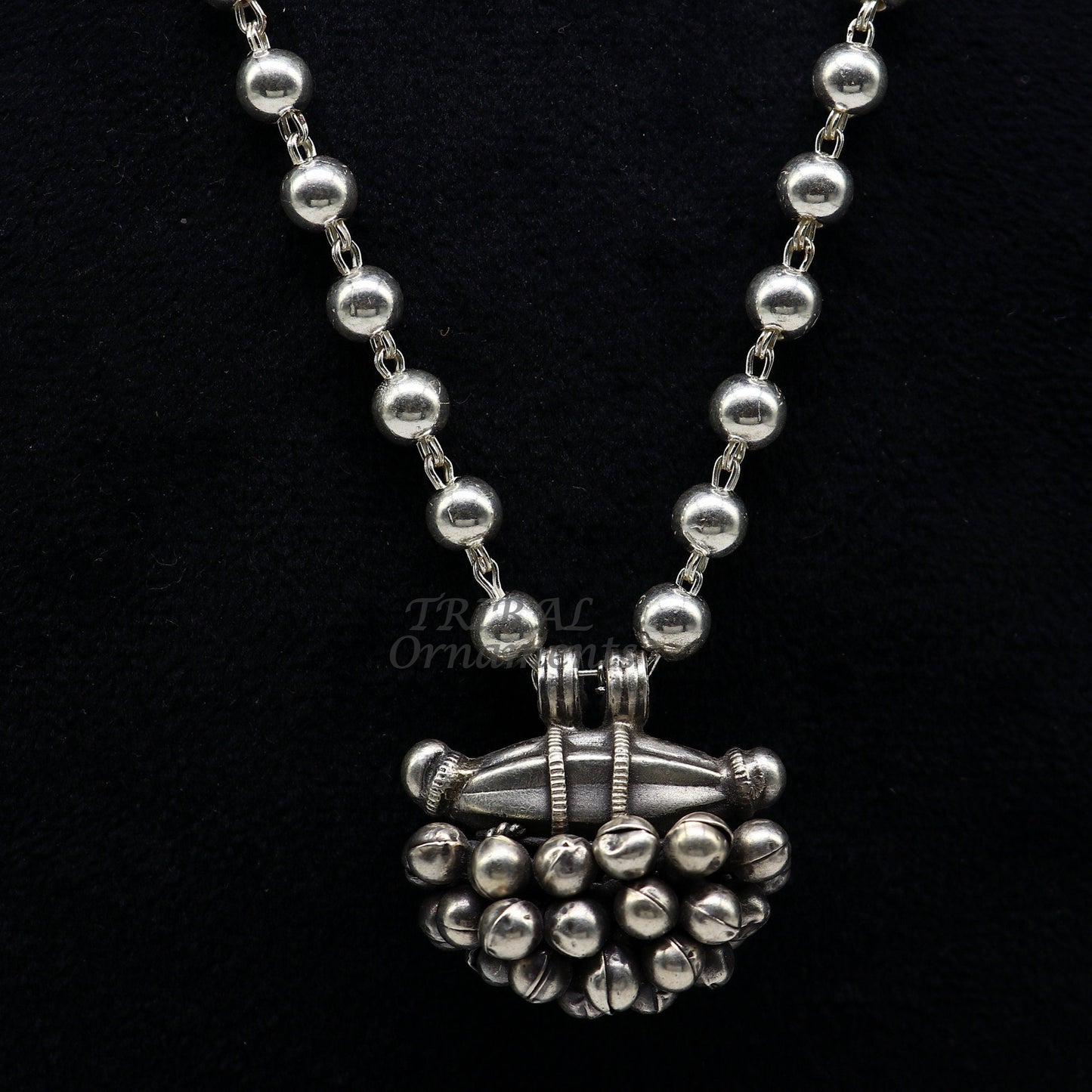 925 Sterling silver handmade vintage pendant with 6mm beaded necklace and hanging drops, tribal ethnic jewelry from Rajasthan.