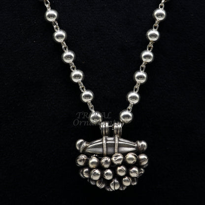 925 Sterling silver handmade vintage pendant with 6mm beaded necklace and hanging drops, tribal ethnic jewelry from Rajasthan.